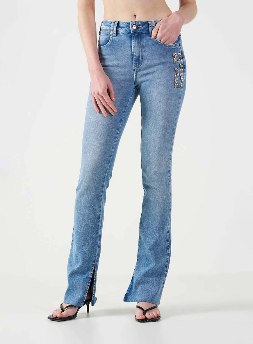 Calça Jeans Reta Stretch Com Aplicação Índigo 2