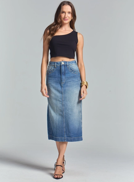 Saia Jeans Mid Com Detalhes No Bolso E Lateral