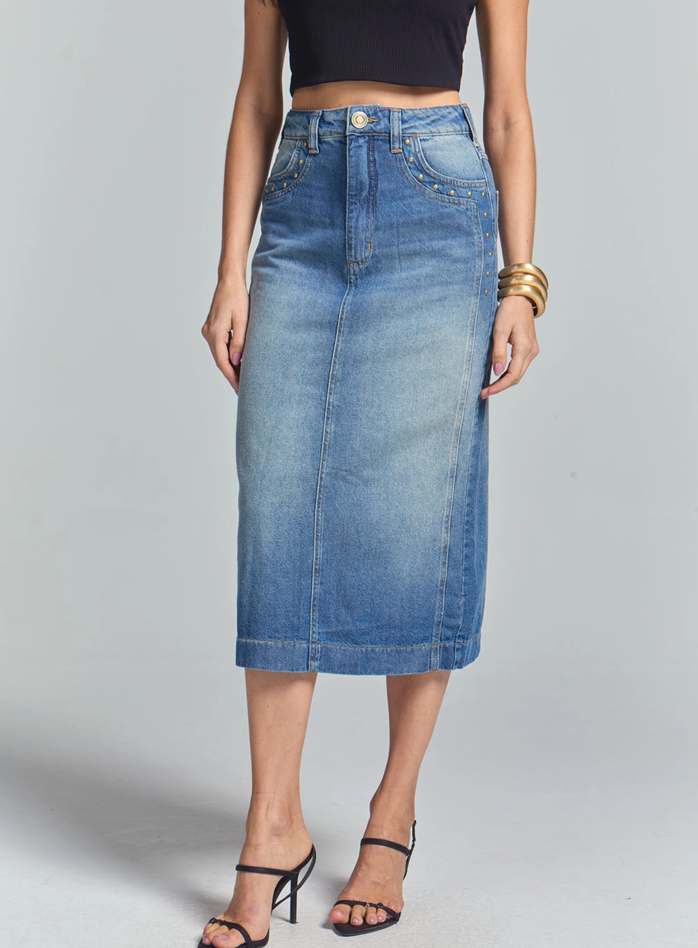 Saia Jeans Mid Com Detalhes No Bolso E Lateral Índigo 2