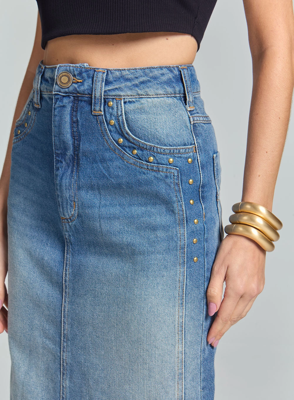 Saia Jeans Mid Com Detalhes No Bolso E Lateral Índigo 3