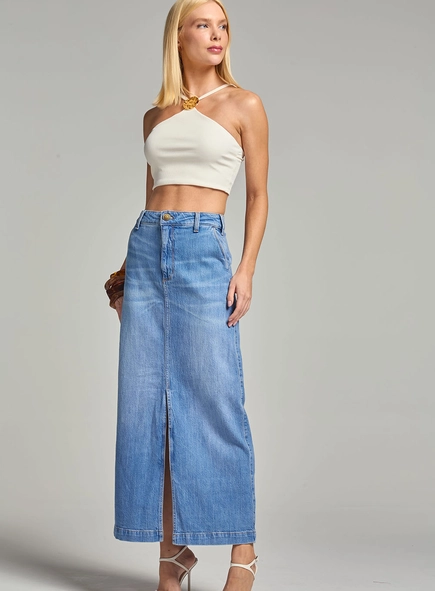 Saia Longa Jeans Com Fenda
