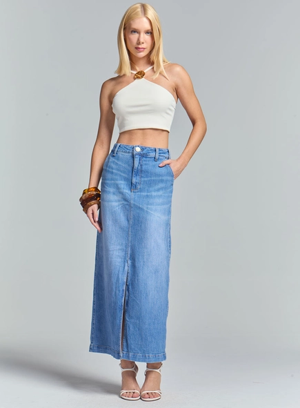 Saia Longa Jeans Com Fenda