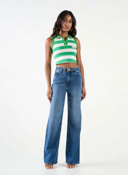 Calça Jeans Feminina Wide Leg Com Cinto
