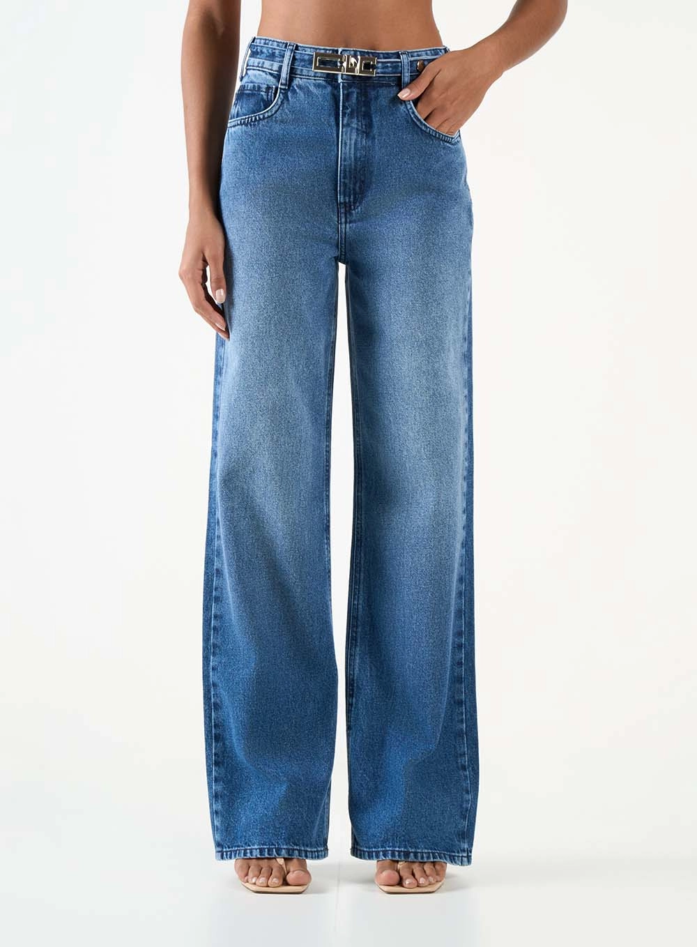 Calça Jeans Feminina Wide Leg Com Cinto Índigo 2