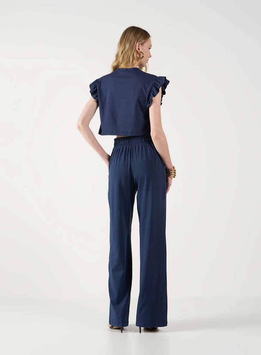 Calça Wide Leg Cós Em Elástico Azul 4