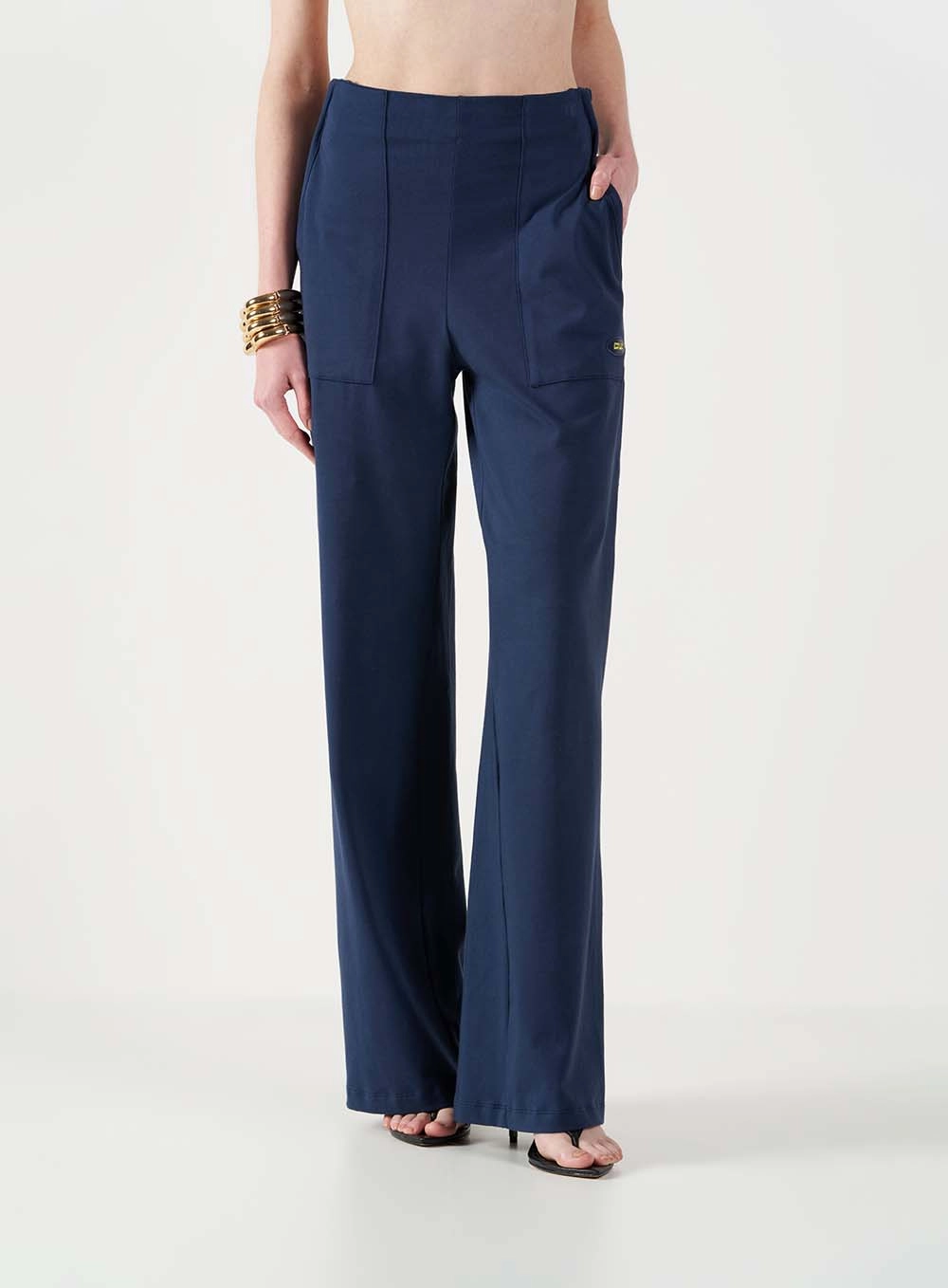Calça Wide Leg Cós Em Elástico Azul 2