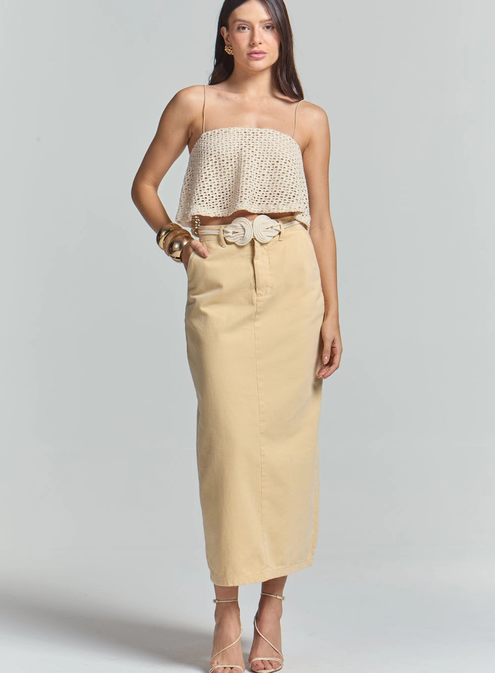 Saia Sarja Midi Com Cinto Amarelo 2
