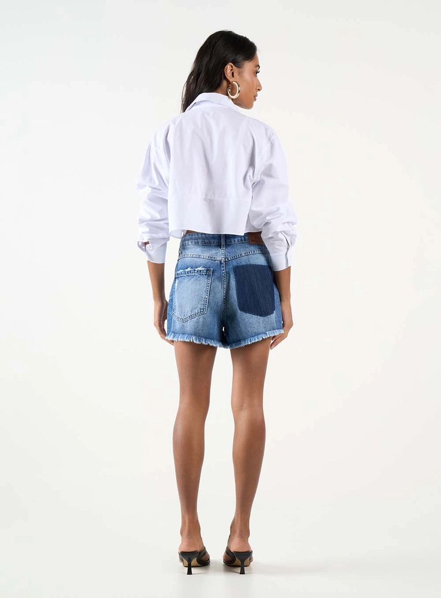 Short Jeans Regular Alta Rasgos E Desfiados Índigo 4