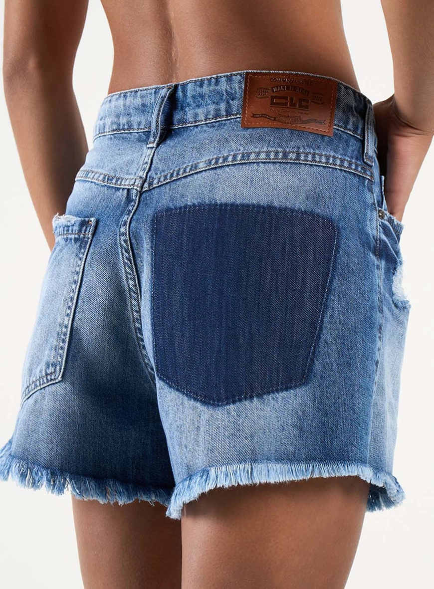Short Jeans Regular Alta Rasgos E Desfiados Índigo 5