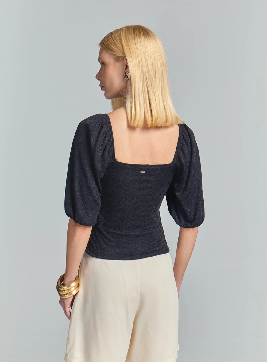 Blusa Metalizada Com Mangas Bufantes Preto 4
