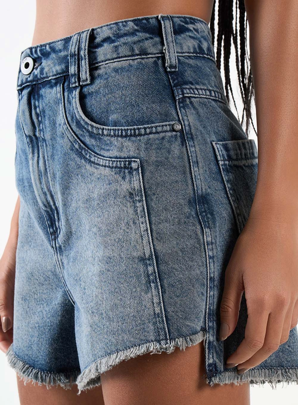 Short Jeans Trapeze Alta Assimétrico Índigo 5