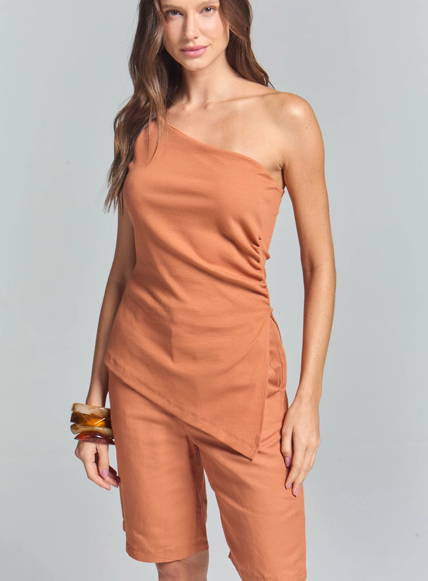 Blusa Feminina Canelada Um Ombro Só Marrom 2