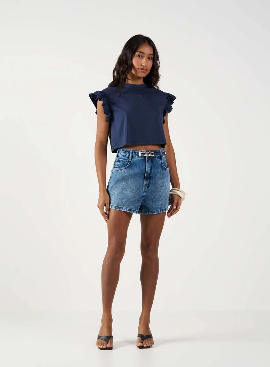 Short Jeans Trapeze Alta Com Logo No Cinto Índigo 1