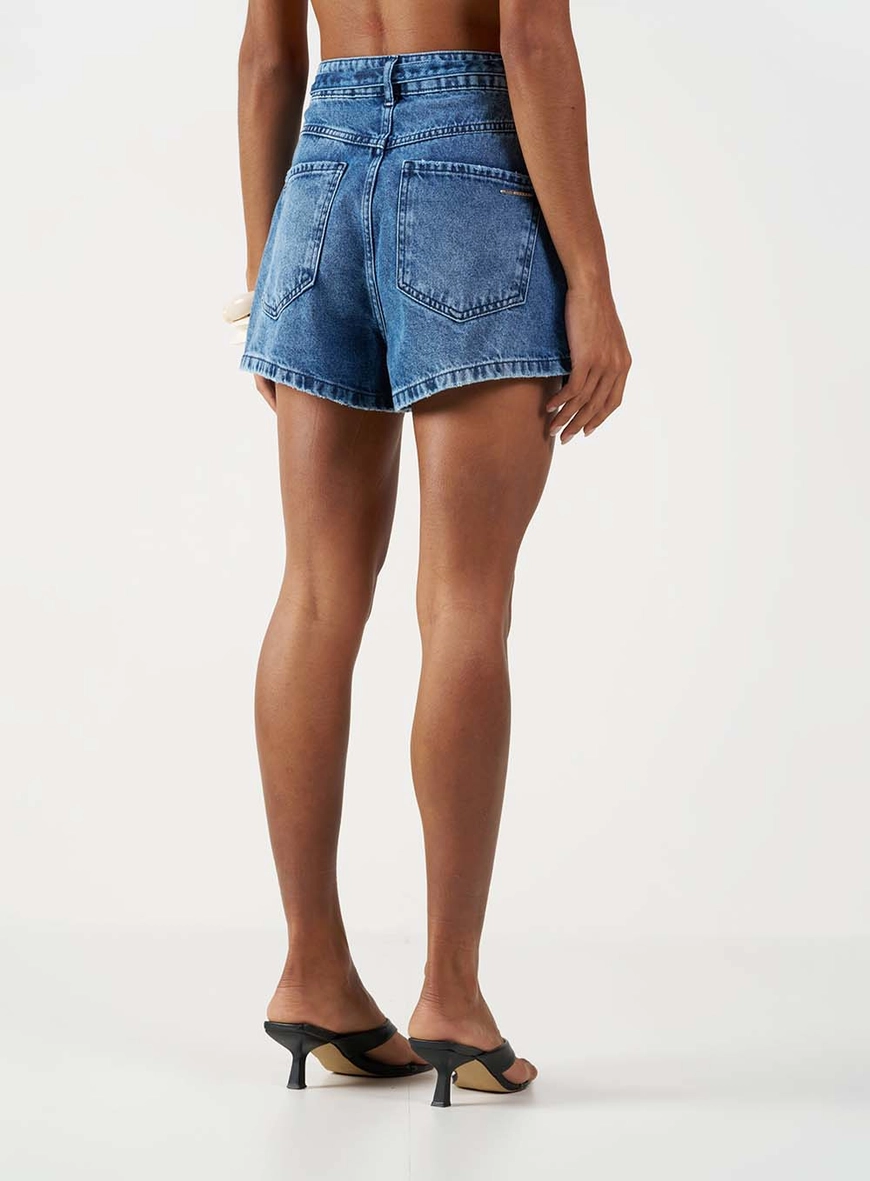 Short Jeans Trapeze Alta Com Logo No Cinto Índigo 3