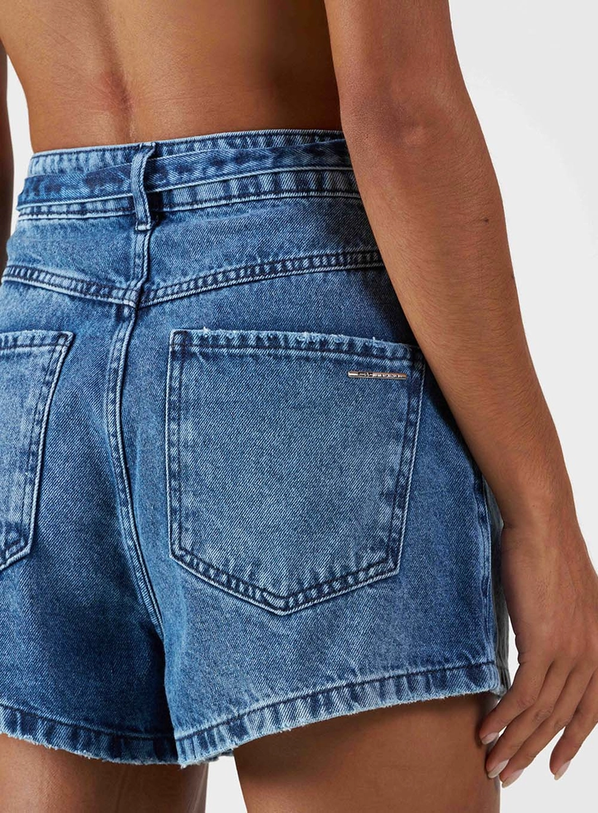 Short Jeans Trapeze Alta Com Logo No Cinto Índigo 6