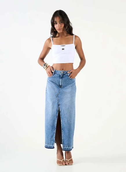 Saia Jeans Evasê Com Fenda
