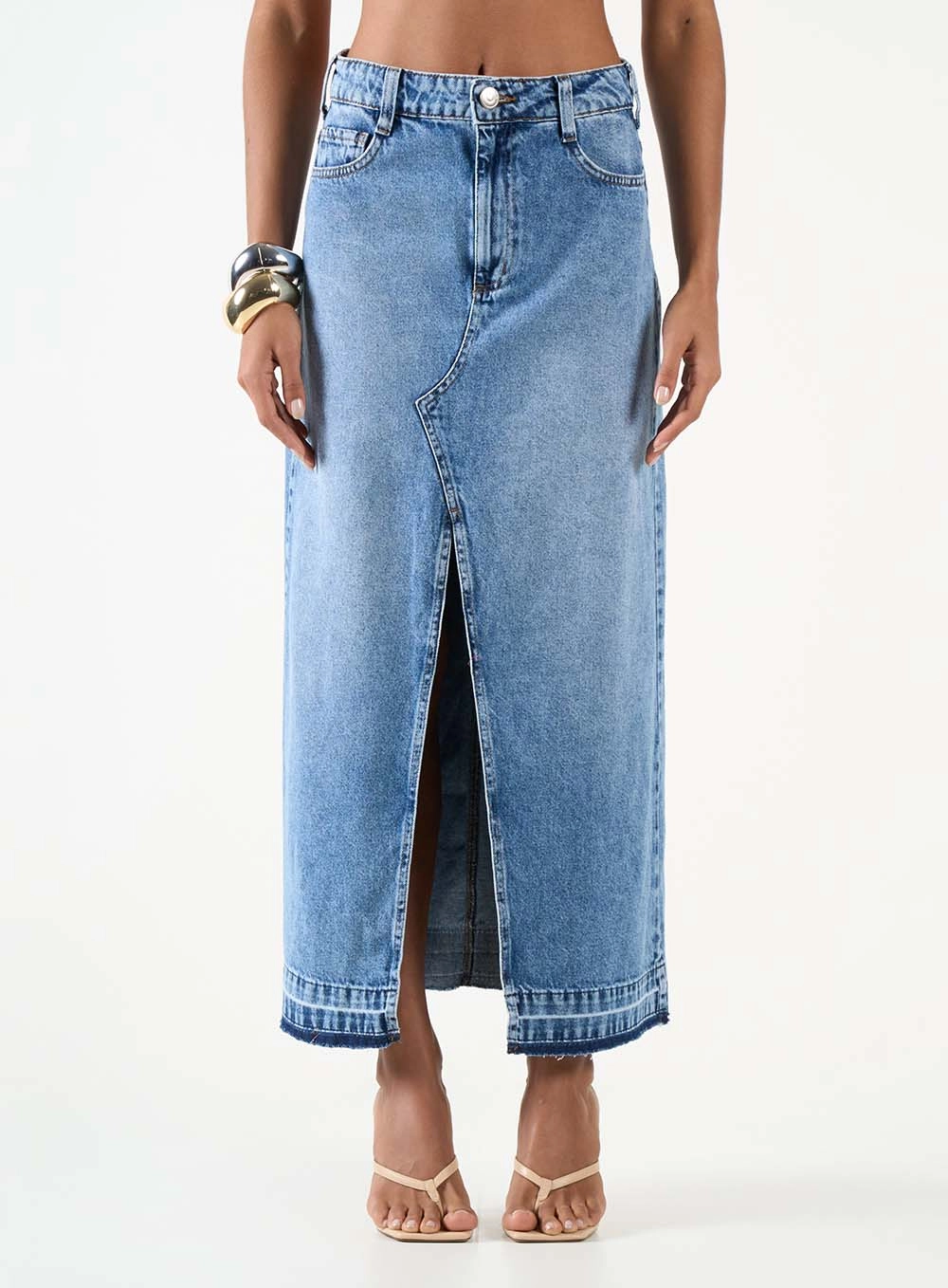 Saia Jeans Evasê Com Fenda Índigo 2