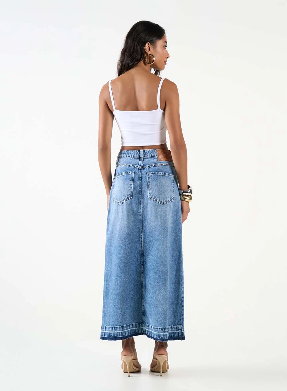 Saia Jeans Evasê Com Fenda Índigo 4