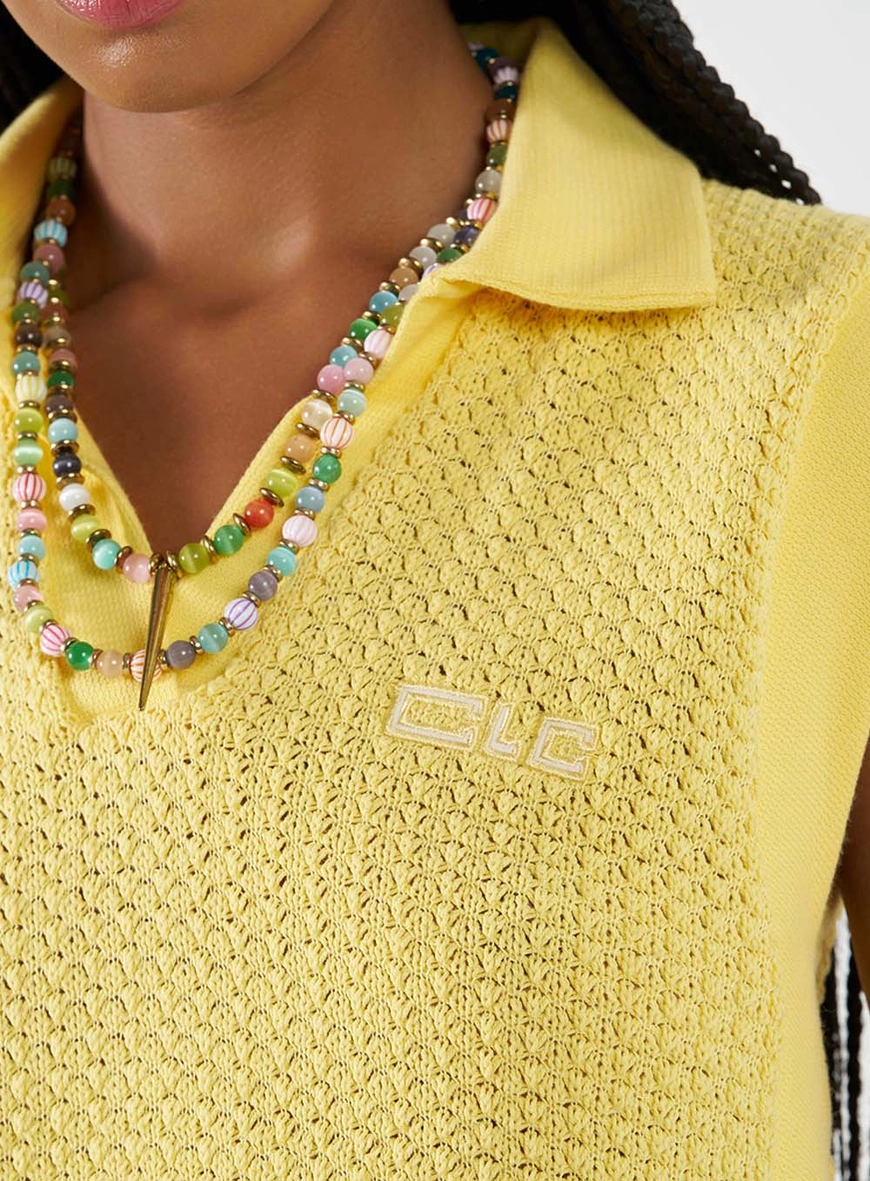 Blusa Polo Tricô Cropped Sem Mangas Amarelo 5