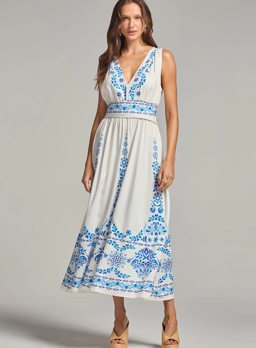 Vestido Midi Amplo Decote V E Faixa Sobreposição Estampados 1