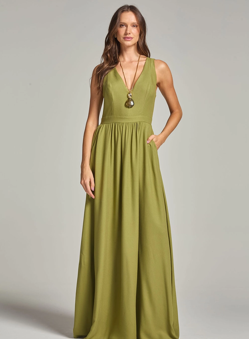 Vestido Longo Decote V Com Bolso E Franzido Verde 2