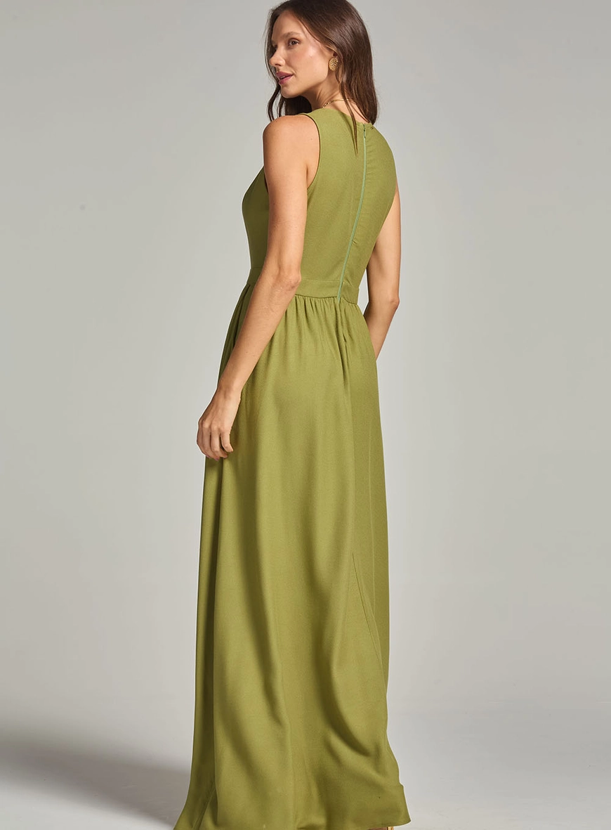 Vestido Longo Decote V Com Bolso E Franzido Verde 4
