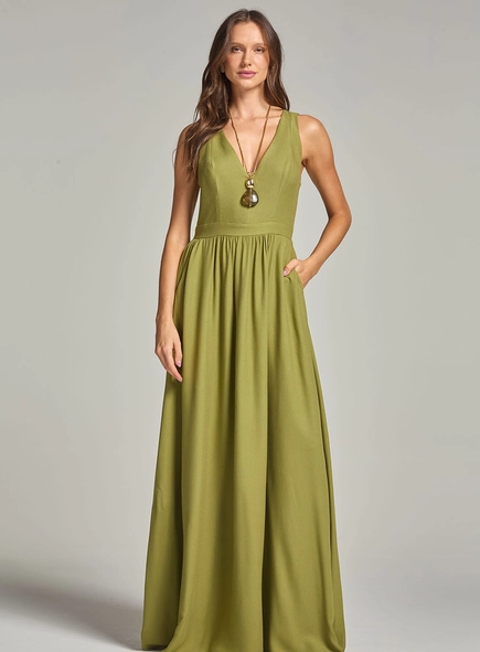 Vestido Longo Decote V Com Bolso E Franzido