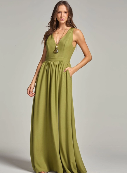 Vestido Longo Decote V Com Bolso E Franzido
