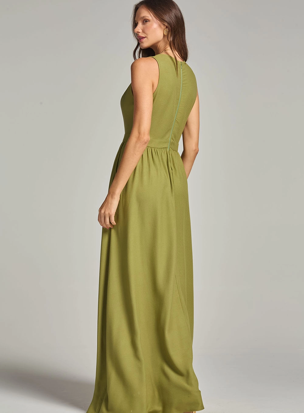Vestido Longo Decote V Com Bolso E Franzido Verde 4