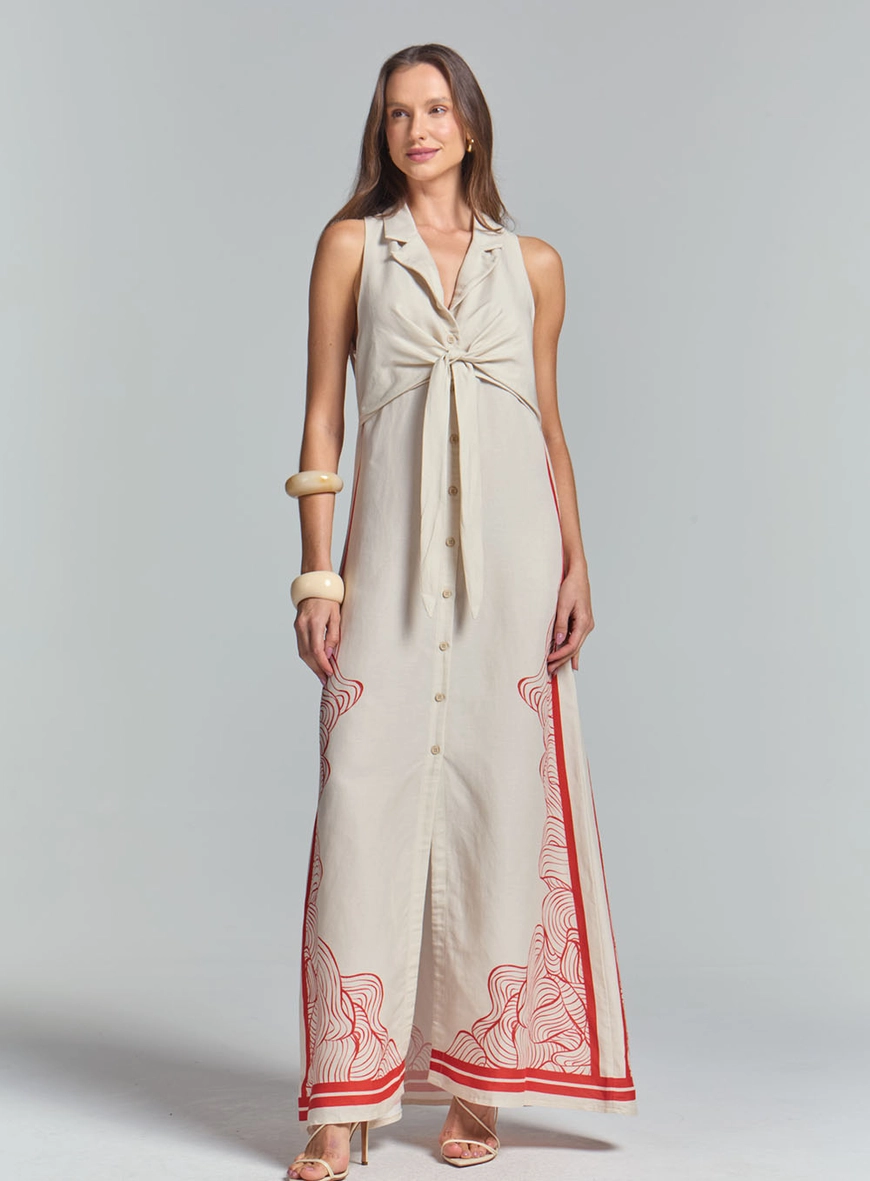 Vestido Linho Longo Estampado Com Detalhe Frontal Estampados 1
