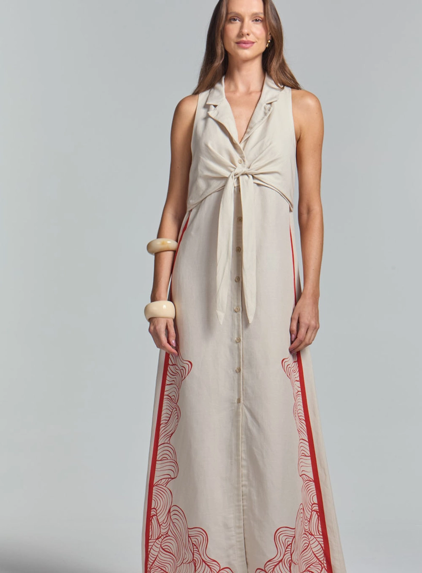 Vestido Linho Longo Estampado Com Detalhe Frontal Estampados 2