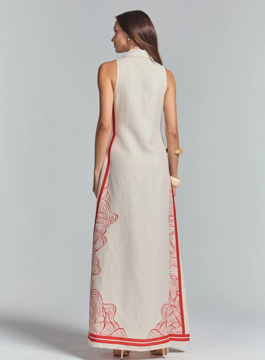 Vestido Linho Longo Estampado Com Detalhe Frontal Estampados 4