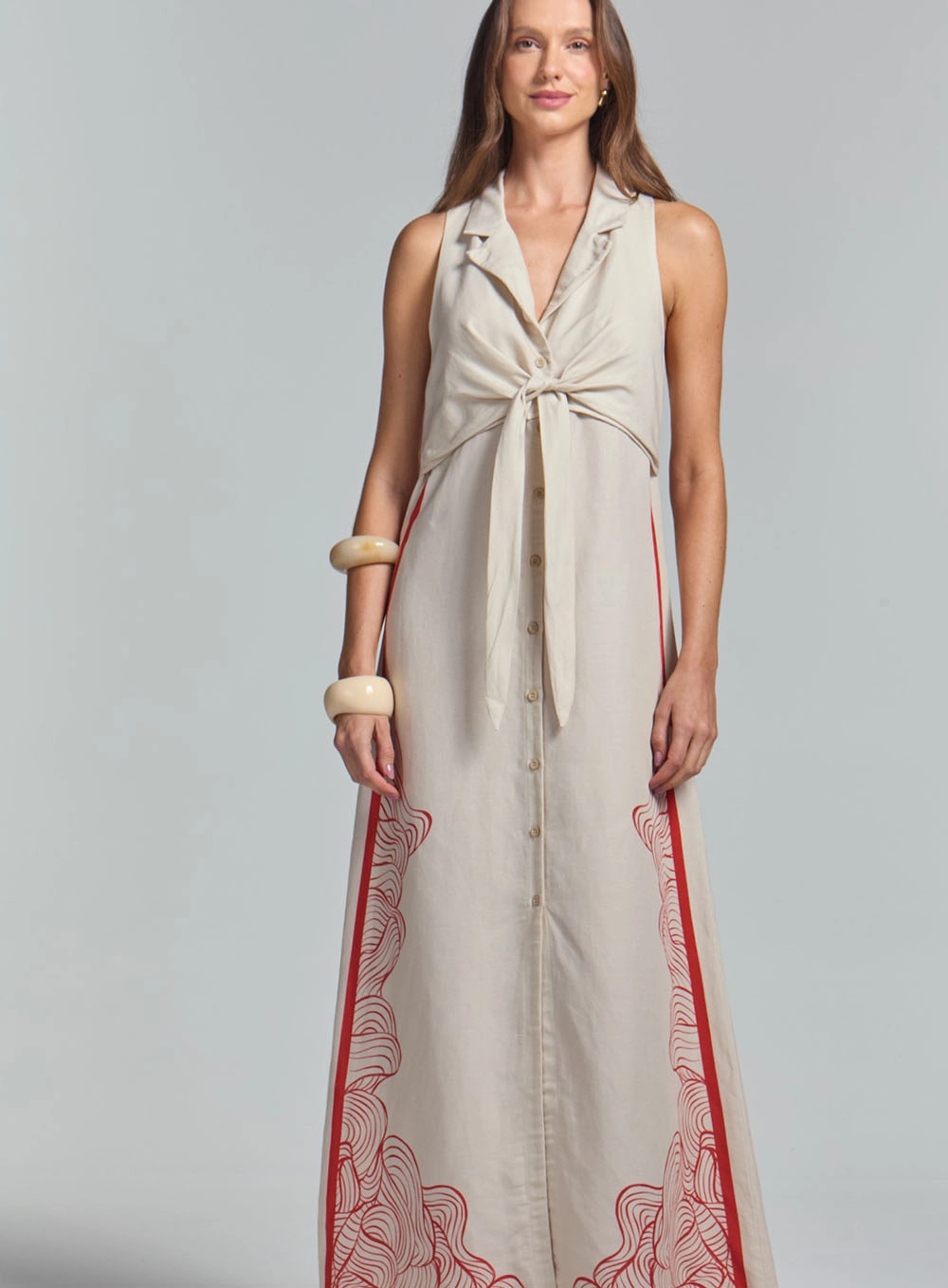Vestido Linho Longo Estampado Com Detalhe Frontal Estampados 2