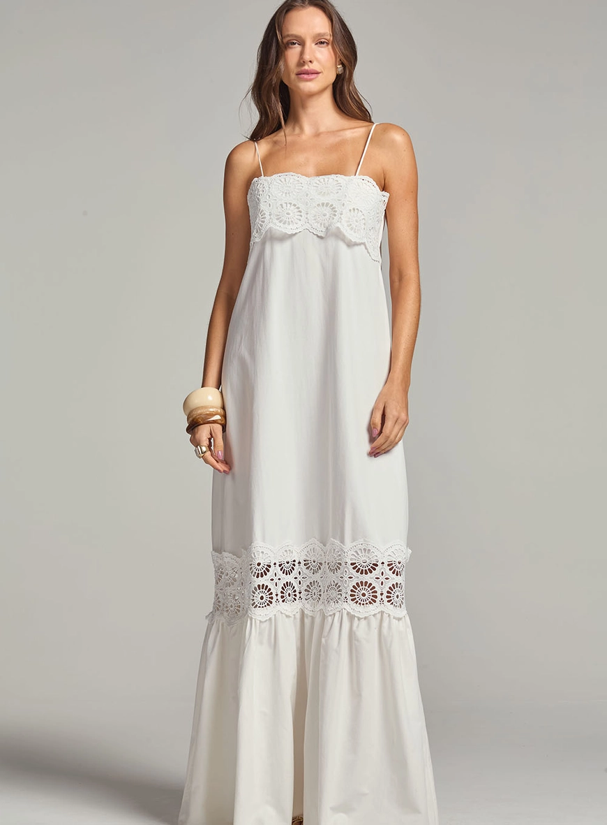 Vestido Longo Evasê Com Renda Off Shell 2