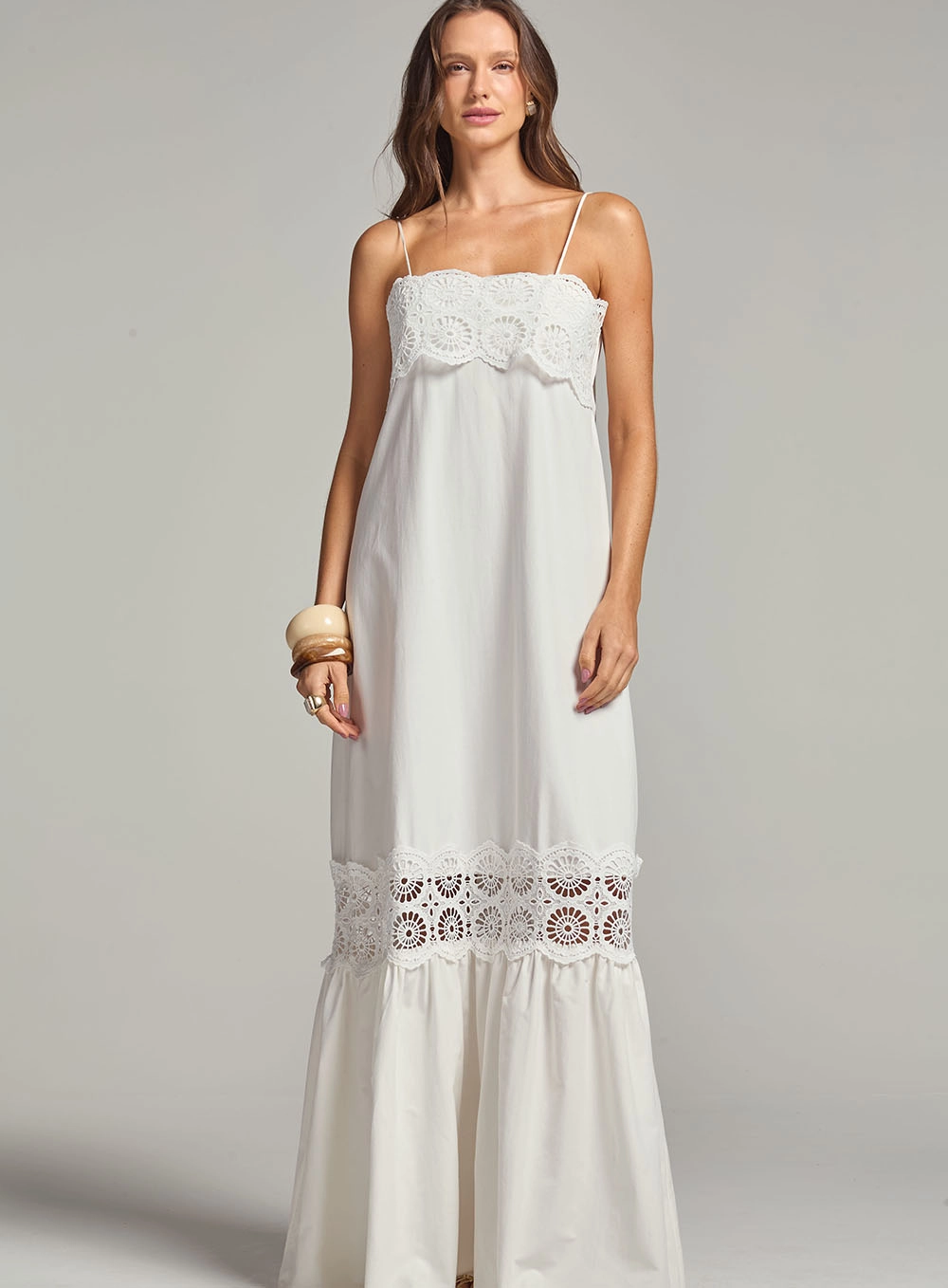 Vestido Longo Evasê Com Renda Off Shell 2