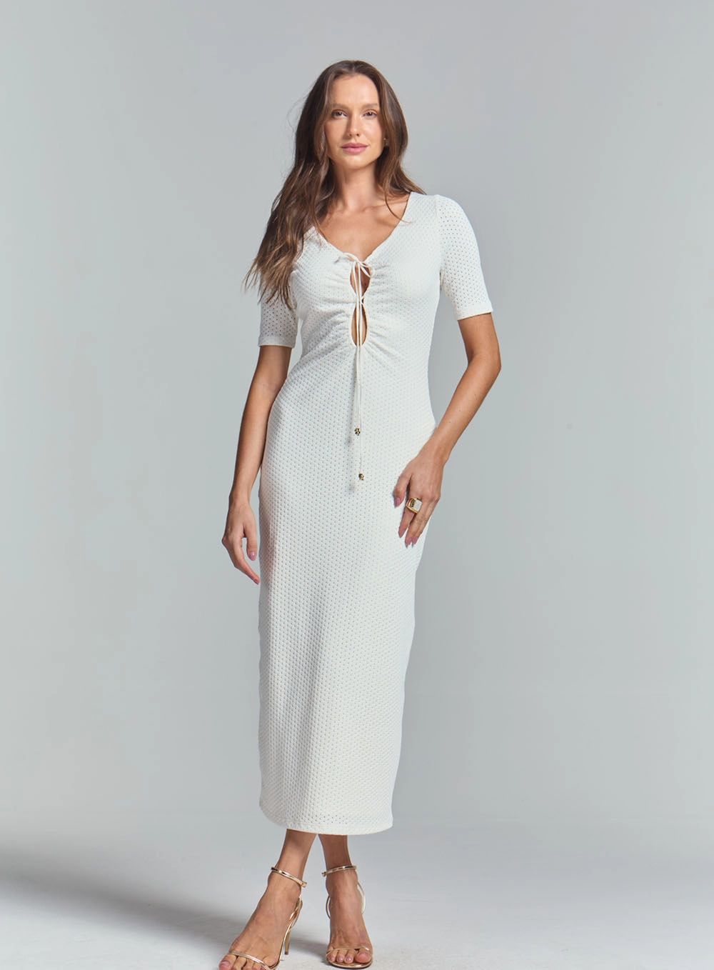 Vestido Longo Slim Com Detalhes E Textura Off Shell 1