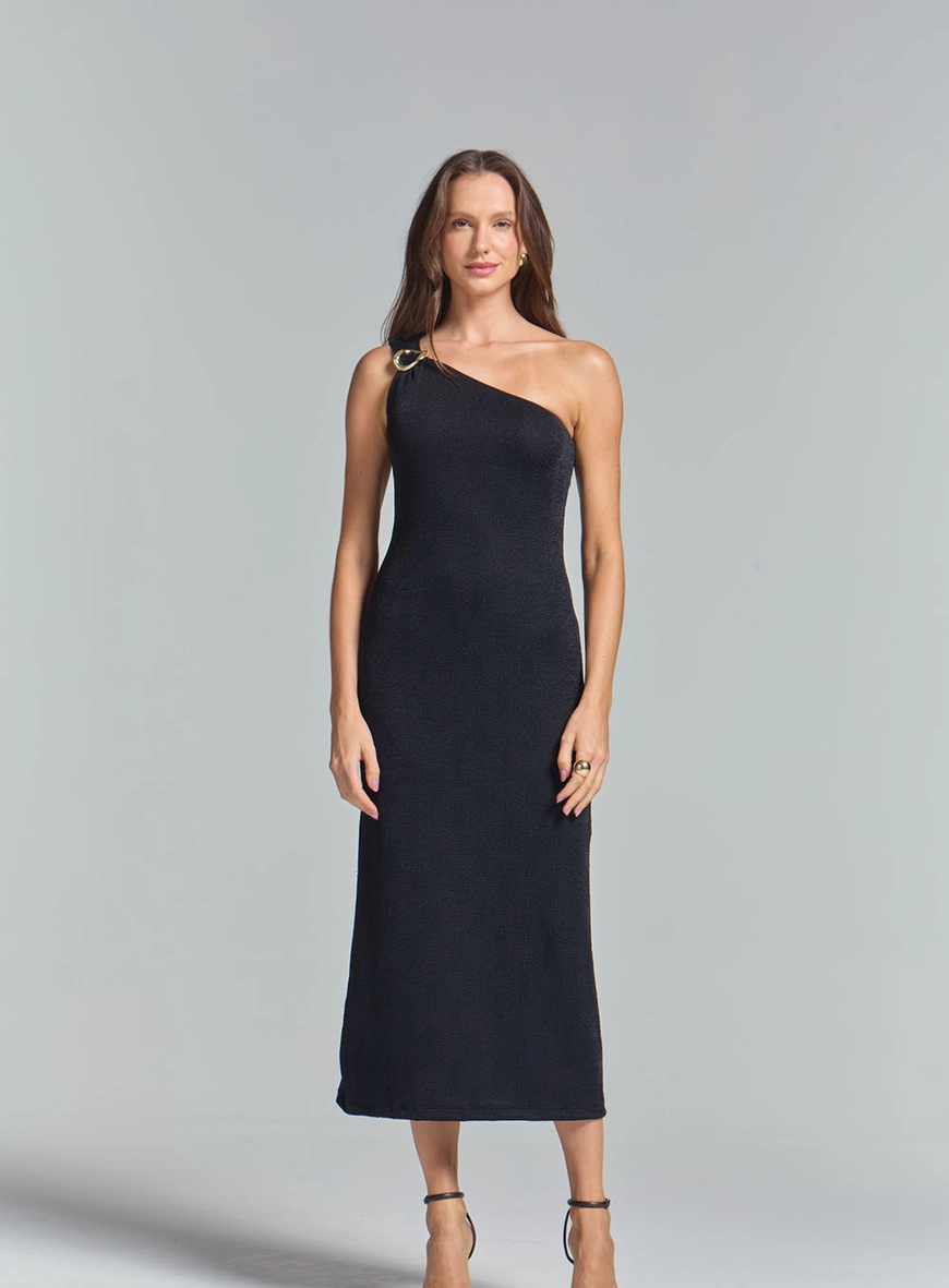 Vestido Evase Ombro Só Com Detalhe Metalizado Preto 2