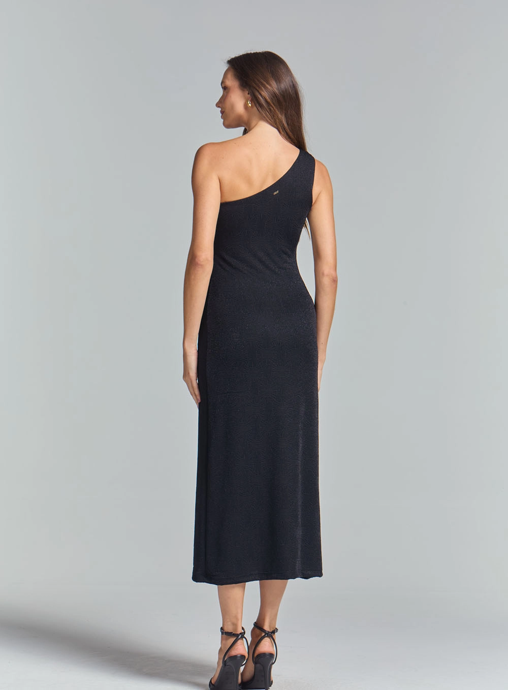 Vestido Evase Ombro Só Com Detalhe Metalizado Preto 4