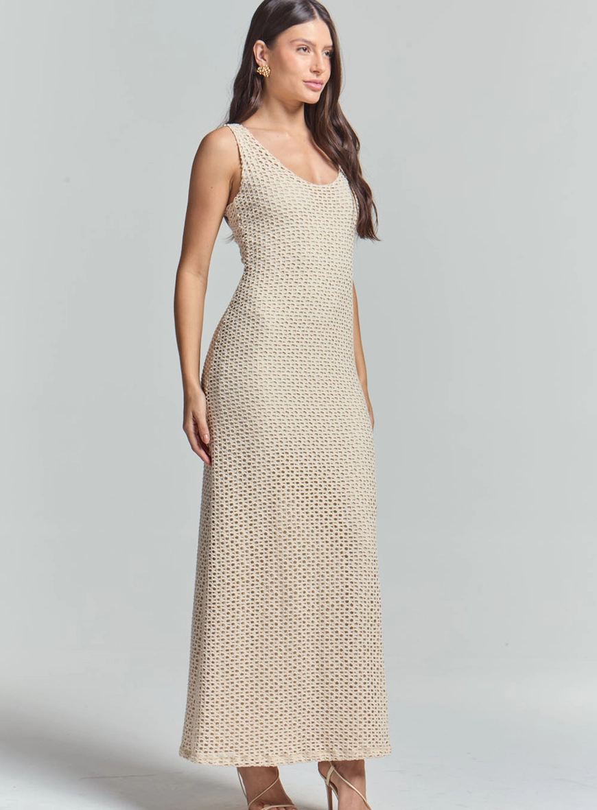 Vestido Longo Slim De Crochê Bege 1