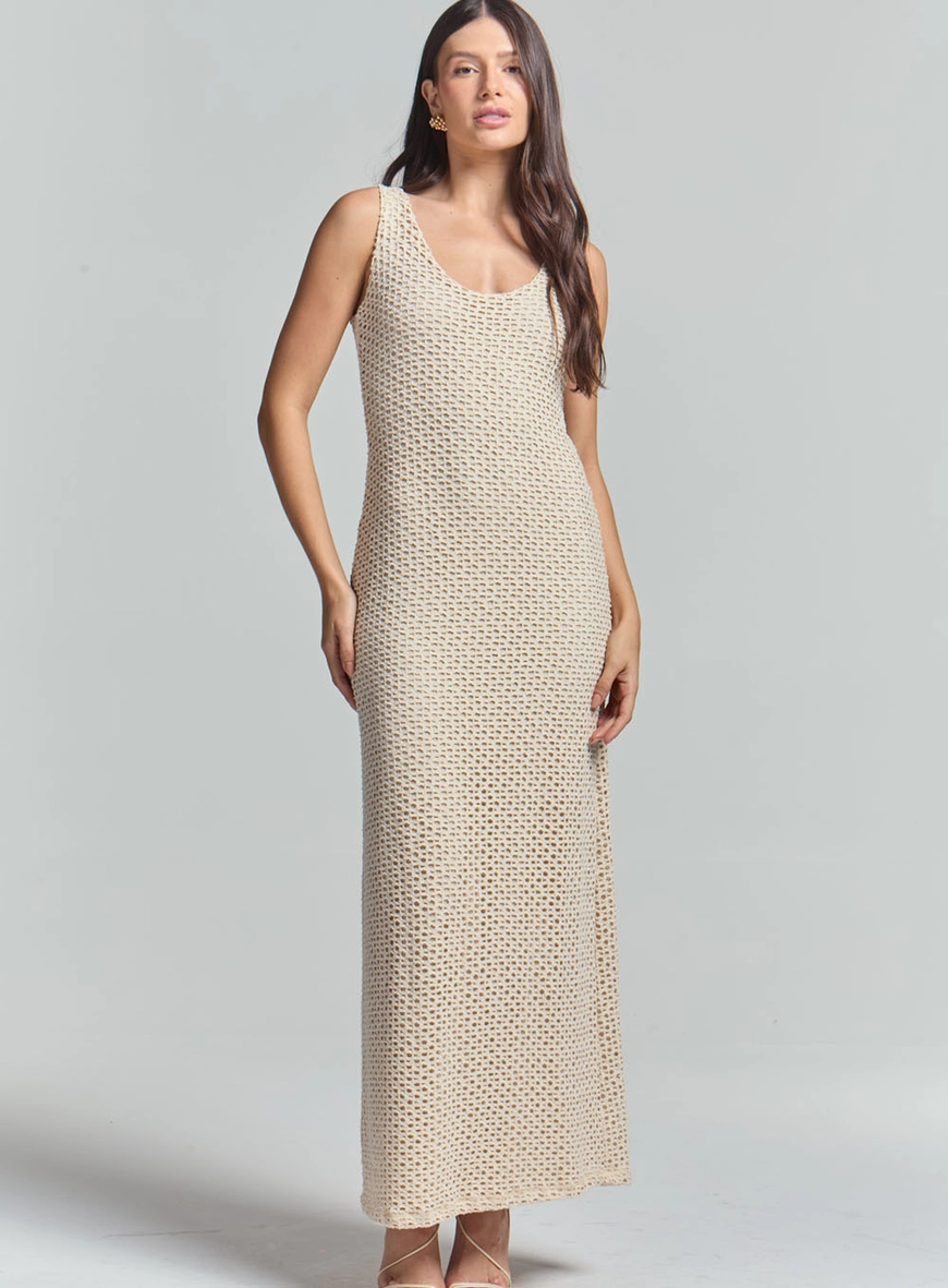 Vestido Longo Slim De Crochê Bege 2