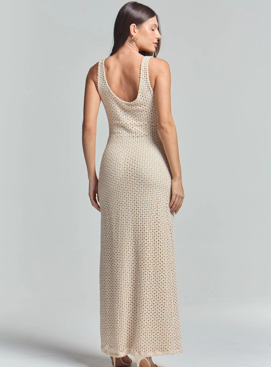 Vestido Longo Slim De Crochê Bege 4