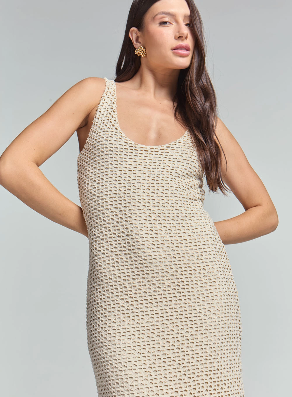 Vestido Longo Slim De Crochê Bege 3