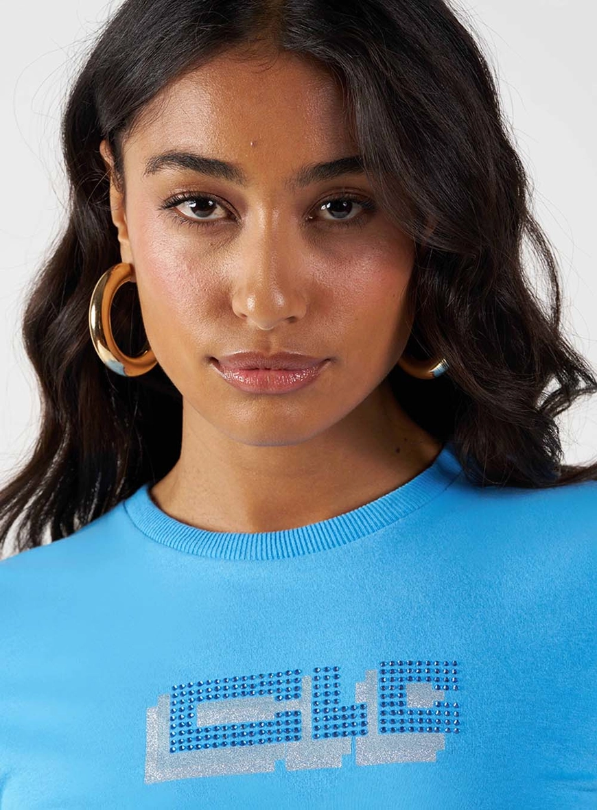 Camiseta Feminina Slim Básica Com Aplicação Azul 2