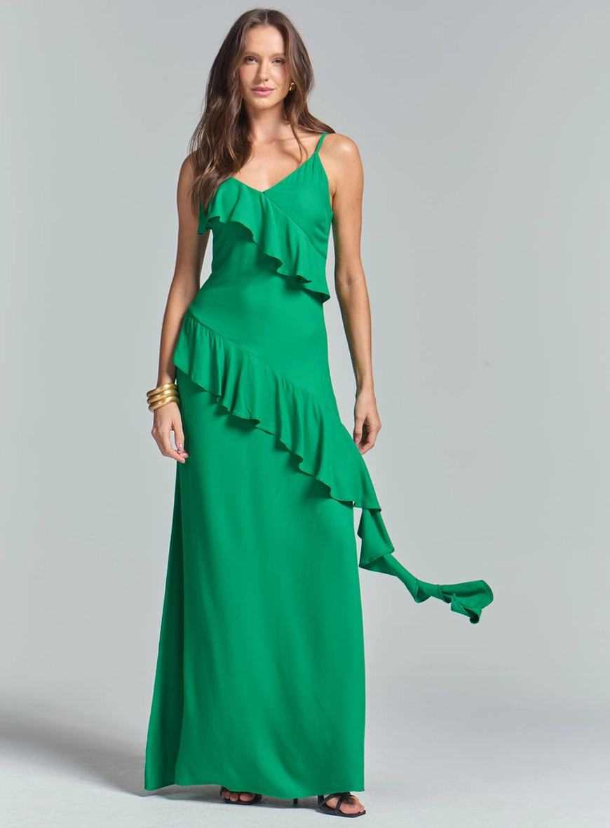 Vestido Longo Evasê Com Babados Verde Vanity 1