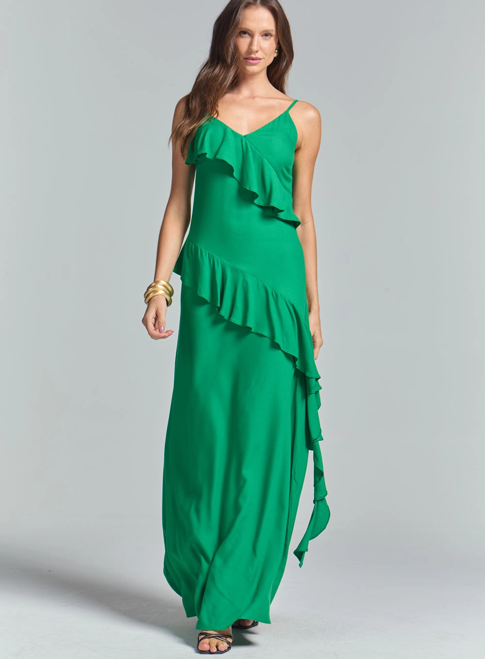 Vestido Longo Evasê Com Babados Verde Vanity 3