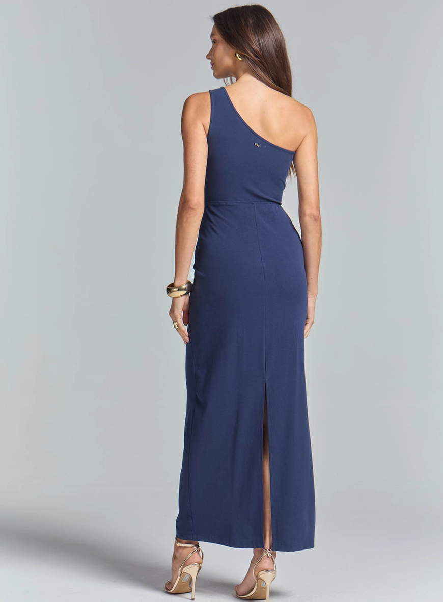 Vestido Longo Slim Ombro Só Com Detalhe Frontal Azul 4