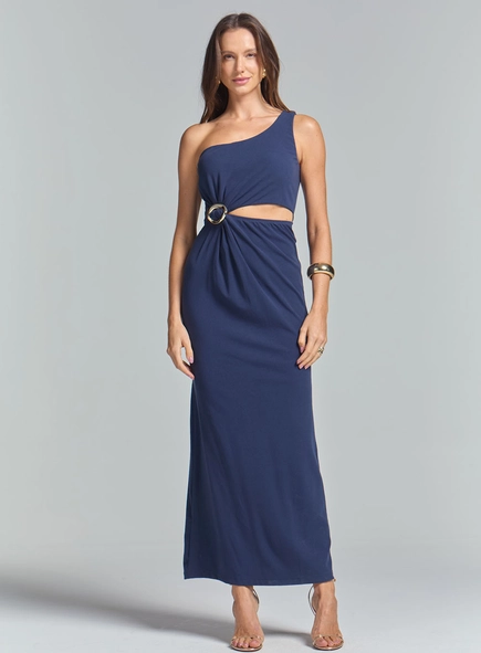 Vestido Longo Slim Ombro Só Com Detalhe Frontal