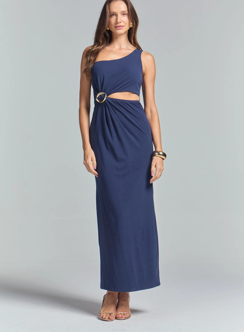 Vestido Longo Slim Ombro Só Com Detalhe Frontal Azul 2