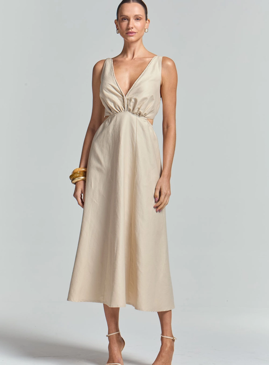 Vestido Midi Godê Decote V Com Lastex Bege 1