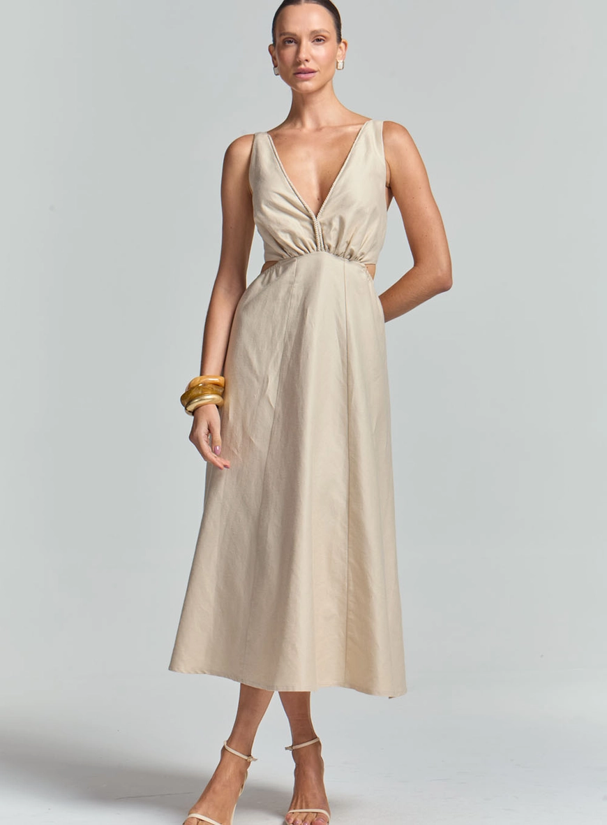 Vestido Midi Godê Decote V Com Lastex Bege 2